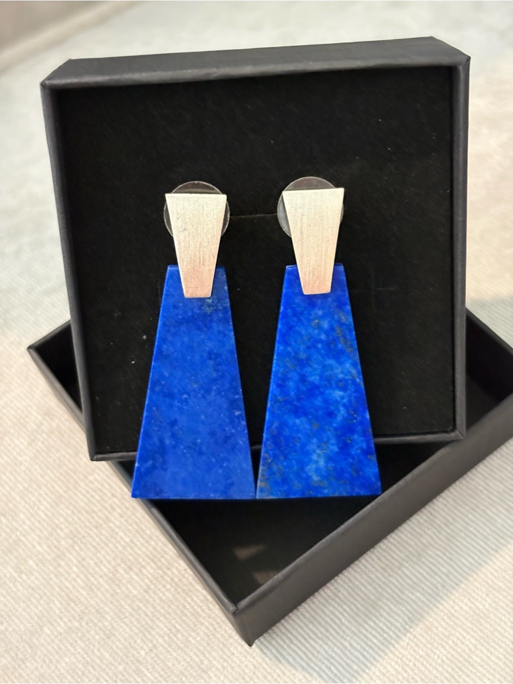 Kendra Scott Modern Architectural Blue Stone Drop Earrings with Silver Tops